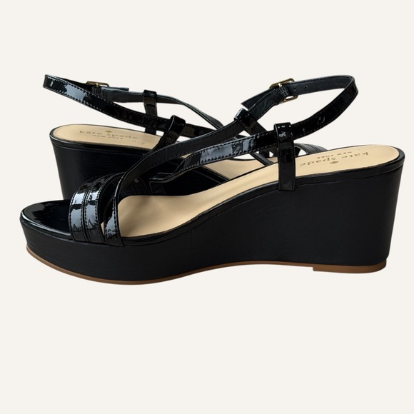 Kate Spade Glossy Black Strappy Wedge Patent Leather Sandals Size 8 - Picture 8 of 9